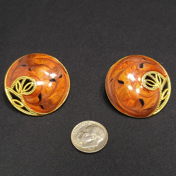Vintage Berebi Brown Guilloche Enamel Openwork Floral Post Earrings, 1990s - Picture 7 of 10